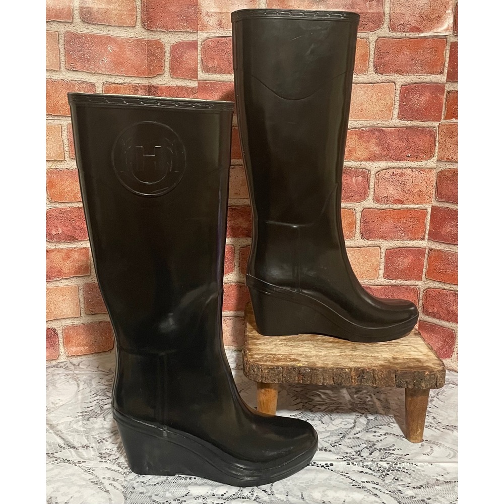 Hunter Champery Black Wedge Rain Boots W23955 Rubber Tall Platform Womens 8